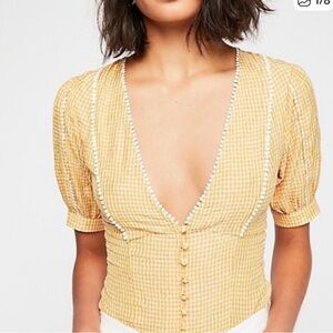 Free People Ivy Yellow Gingham V-Neck Button Front Top